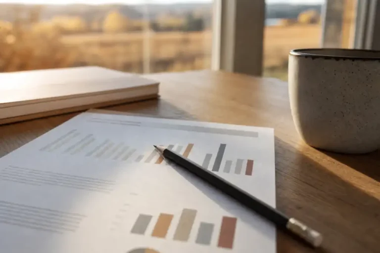 Printed report with bar charts and a pencil on an oak desk beside a coffee cup