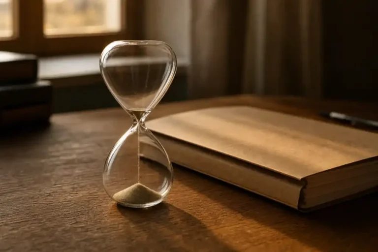 Hourglass with the sand almost run out on a wooden desk beside a closed folder