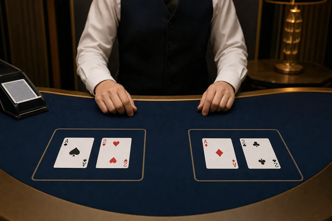 AI-generated illustration of a live baccarat table: a dealer behind a curved table with two marked hand areas, a card shoe at one side and face-up cards in each area