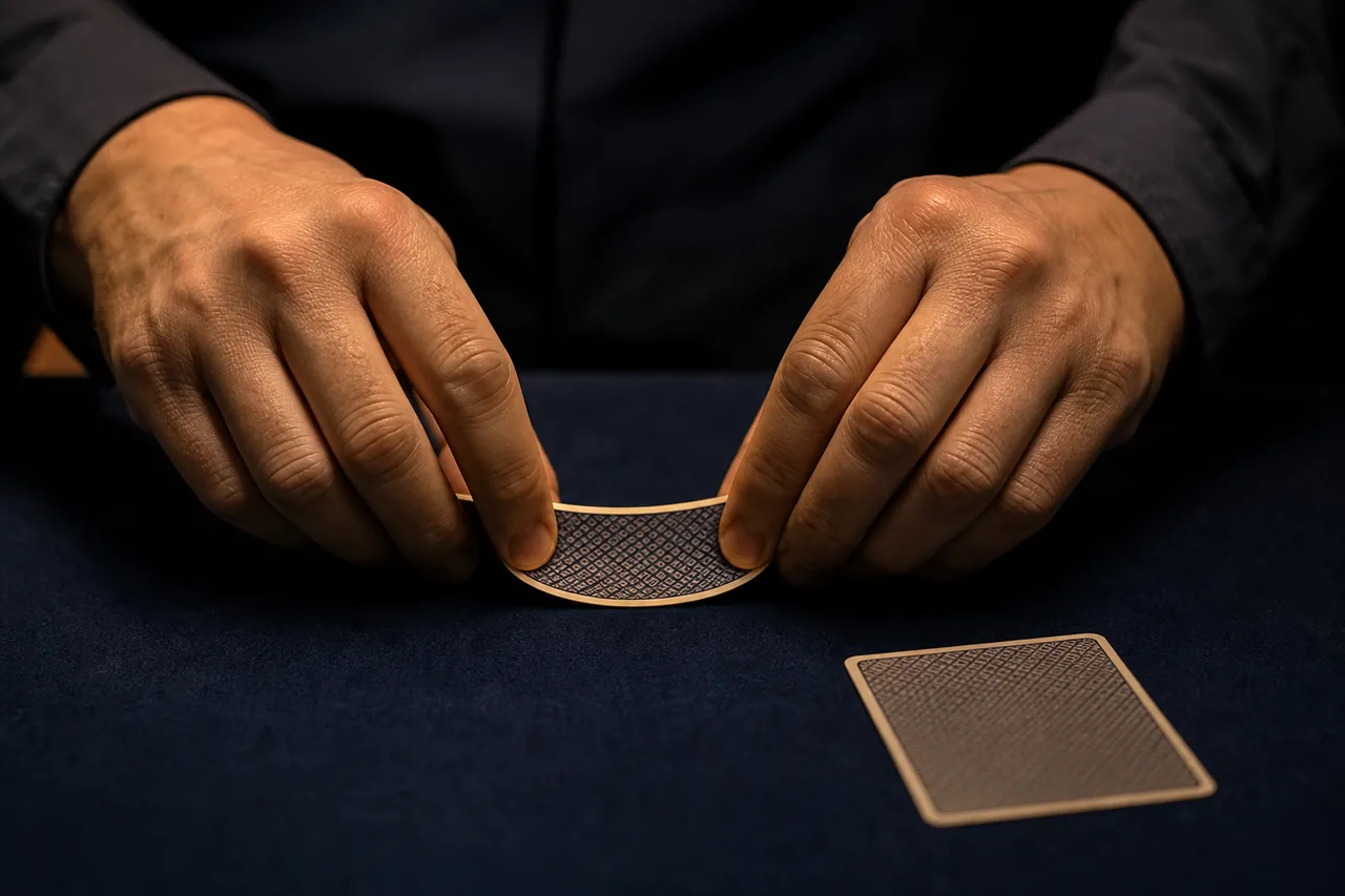 AI-generated illustration of a dealer's hands slowly bending up the edge of a face-down card on dark felt