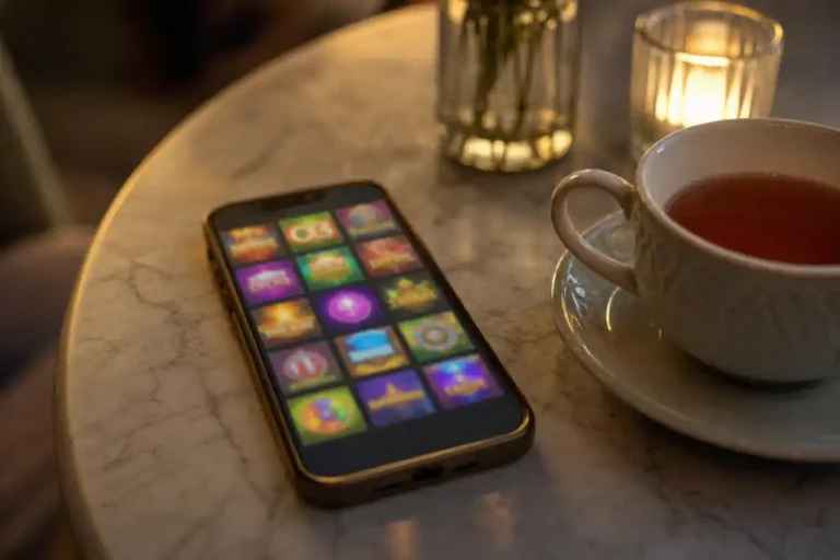 Smartphone with a blurred grid of game tiles on a cafe table beside a cup of tea