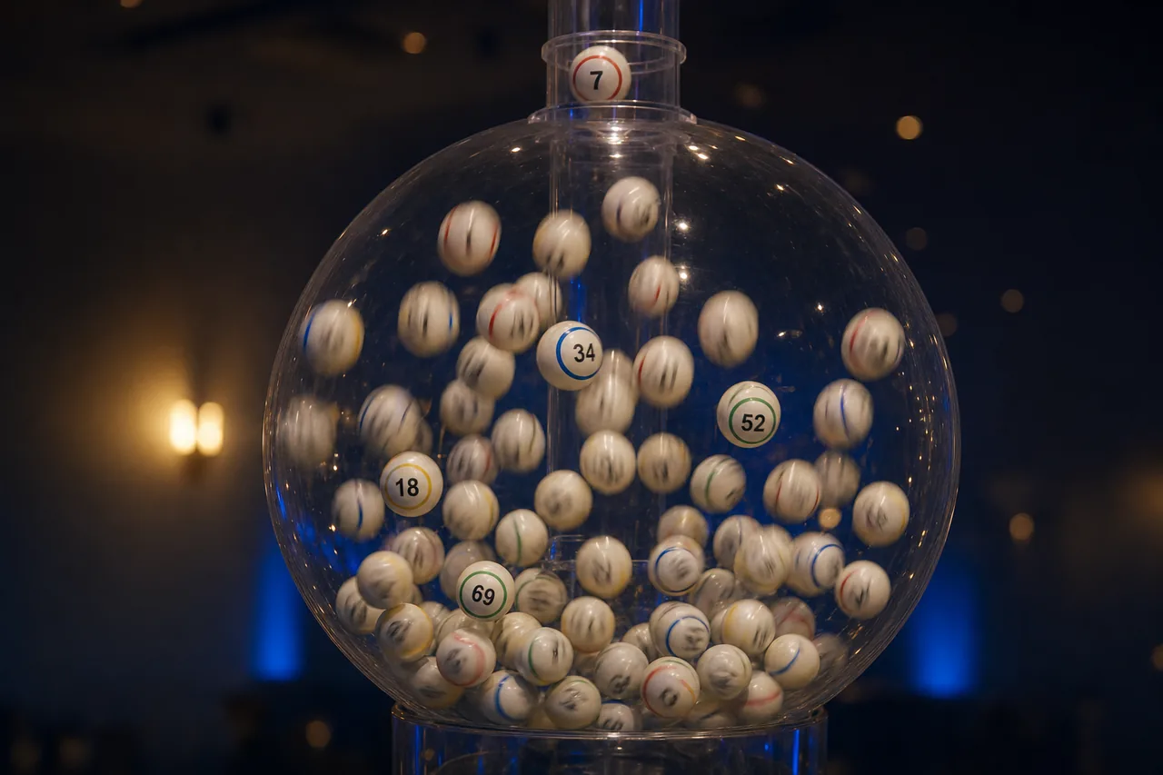 AI-generated illustration of a bingo ball blower: numbered white balls tumbling inside a clear globe while one ball rises into the draw tube, lit in navy and amber