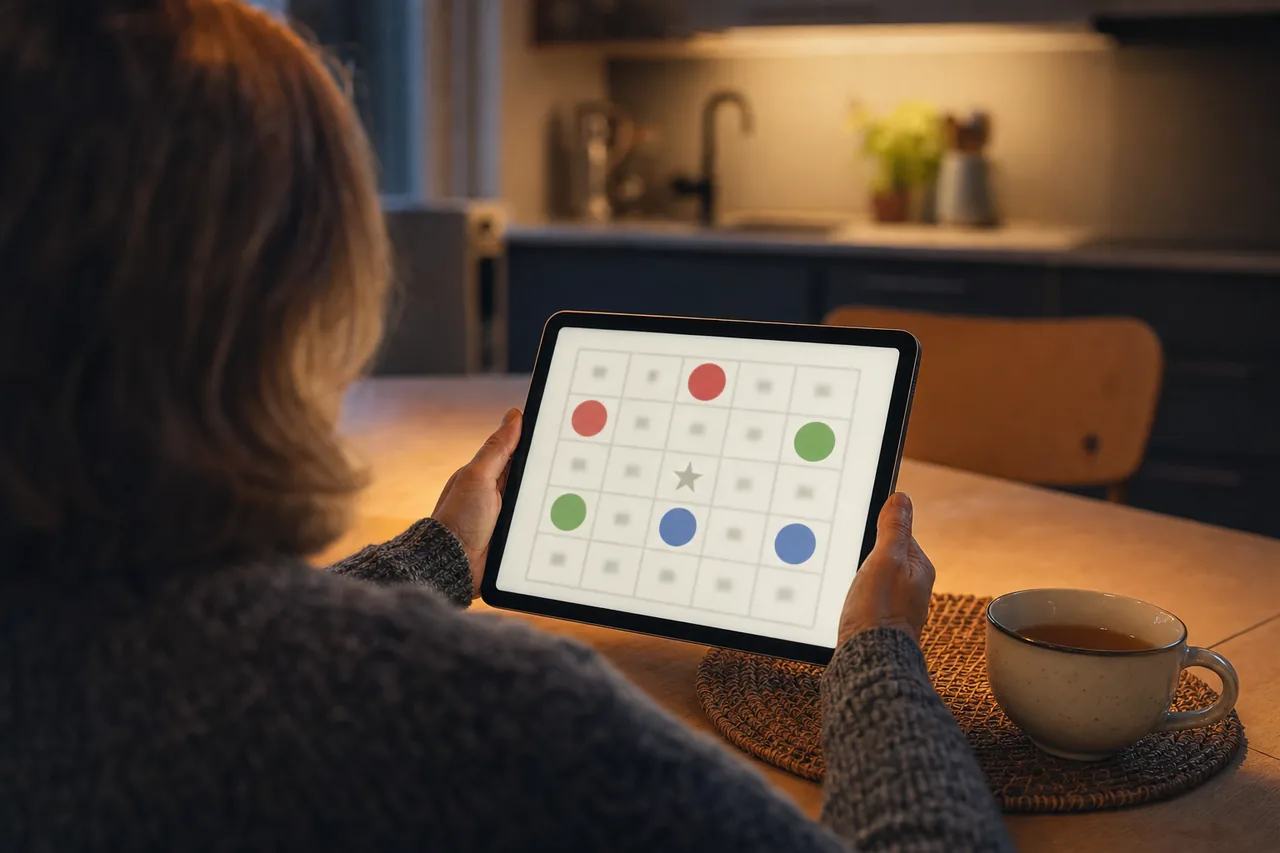 AI-generated illustration of an adult at a kitchen table in the evening, holding a tablet that shows a five-by-five bingo card with a free centre square and several marked squares