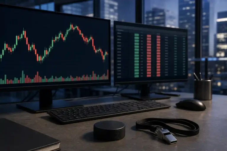 Trading screens with market charts on a desk next to a hockey puck and a referee whistle