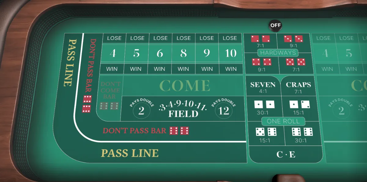 Evolution First Person Craps betting layout on a green 3D table: pass line and don't pass bar on the left, place numbers 4 to 10 across the top, come and field in the middle, hardways and one-roll bets in a centre panel, and the puck reading OFF