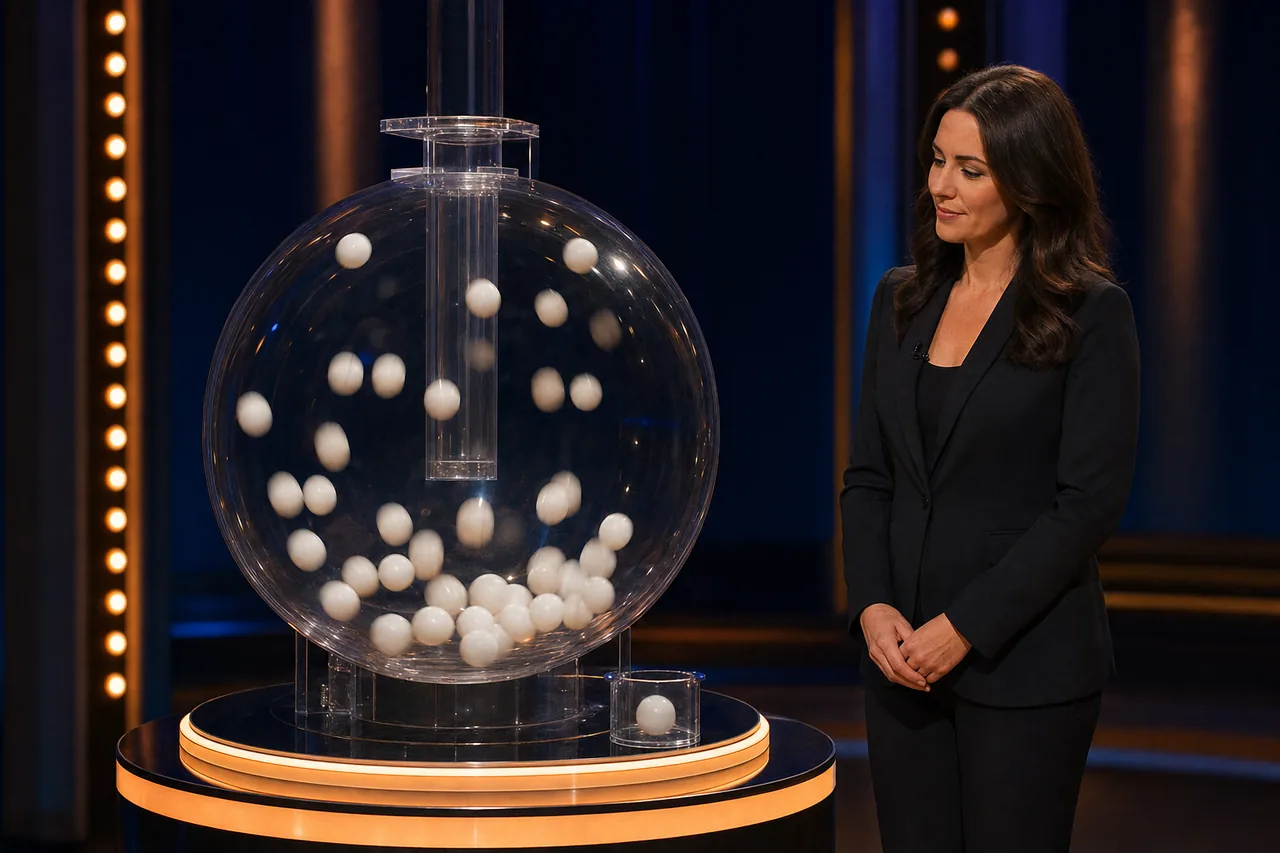 Illustration of a transparent ball drawing machine filled with plain white balls, with a host standing next to it under amber studio lights