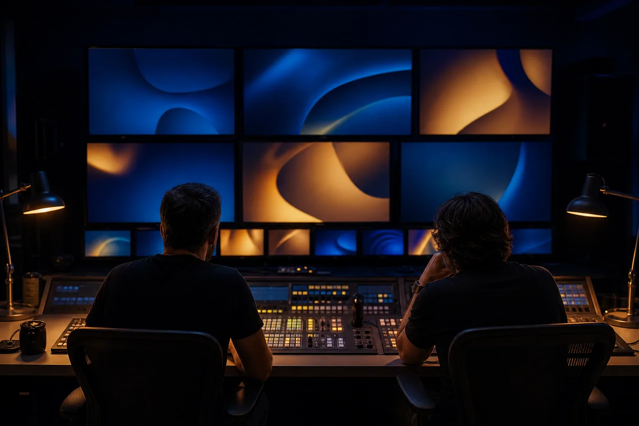 Illustration of a studio control room: two adults at a desk facing a wall of monitors that show abstract coloured shapes