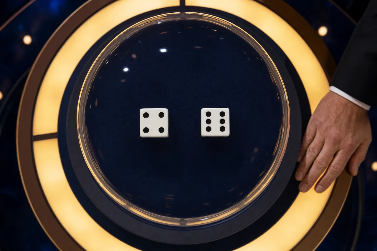 Illustration of two white dice inside a clear dome on a lit stand, with a host's hand resting beside the dome