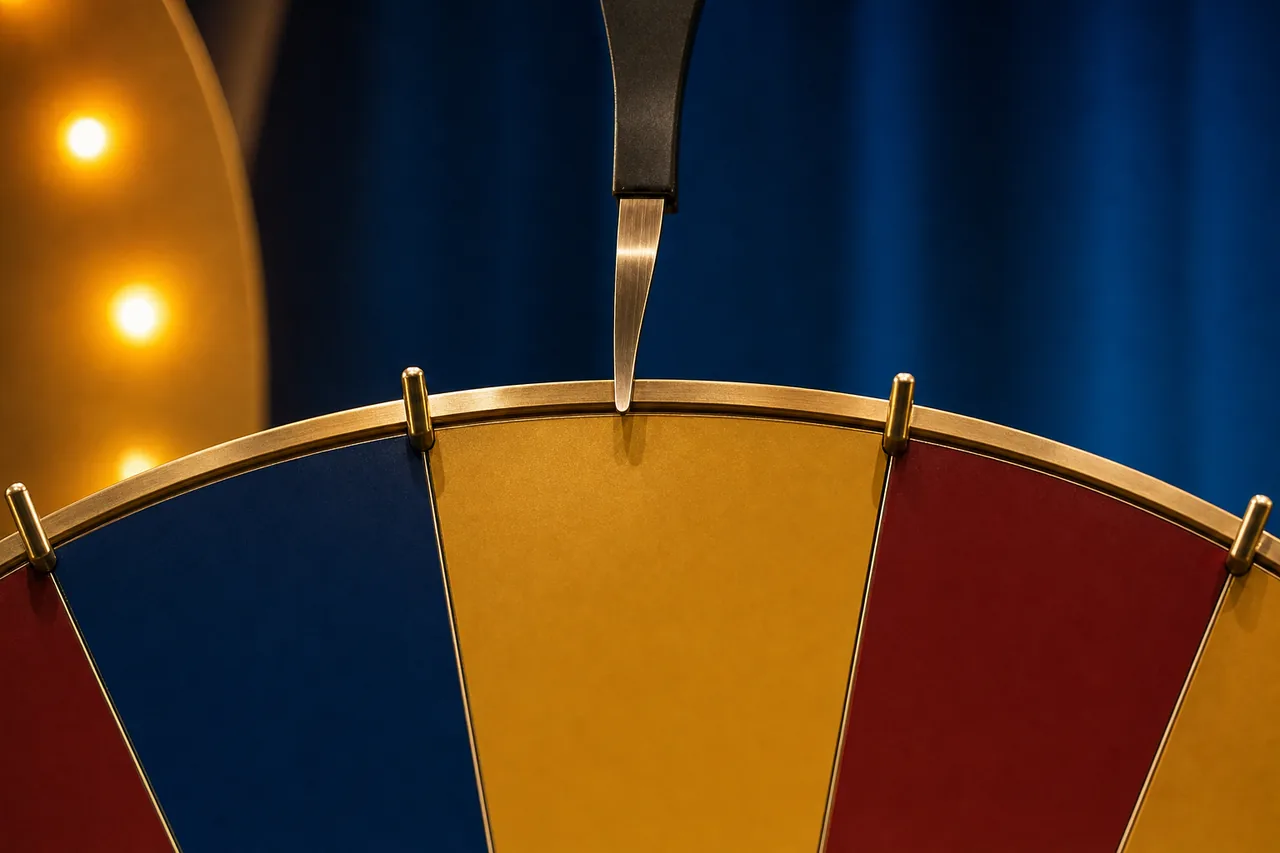 Illustration of the top of a big wheel in close-up: plain coloured segments separated by metal pegs and a pointer resting between two pegs