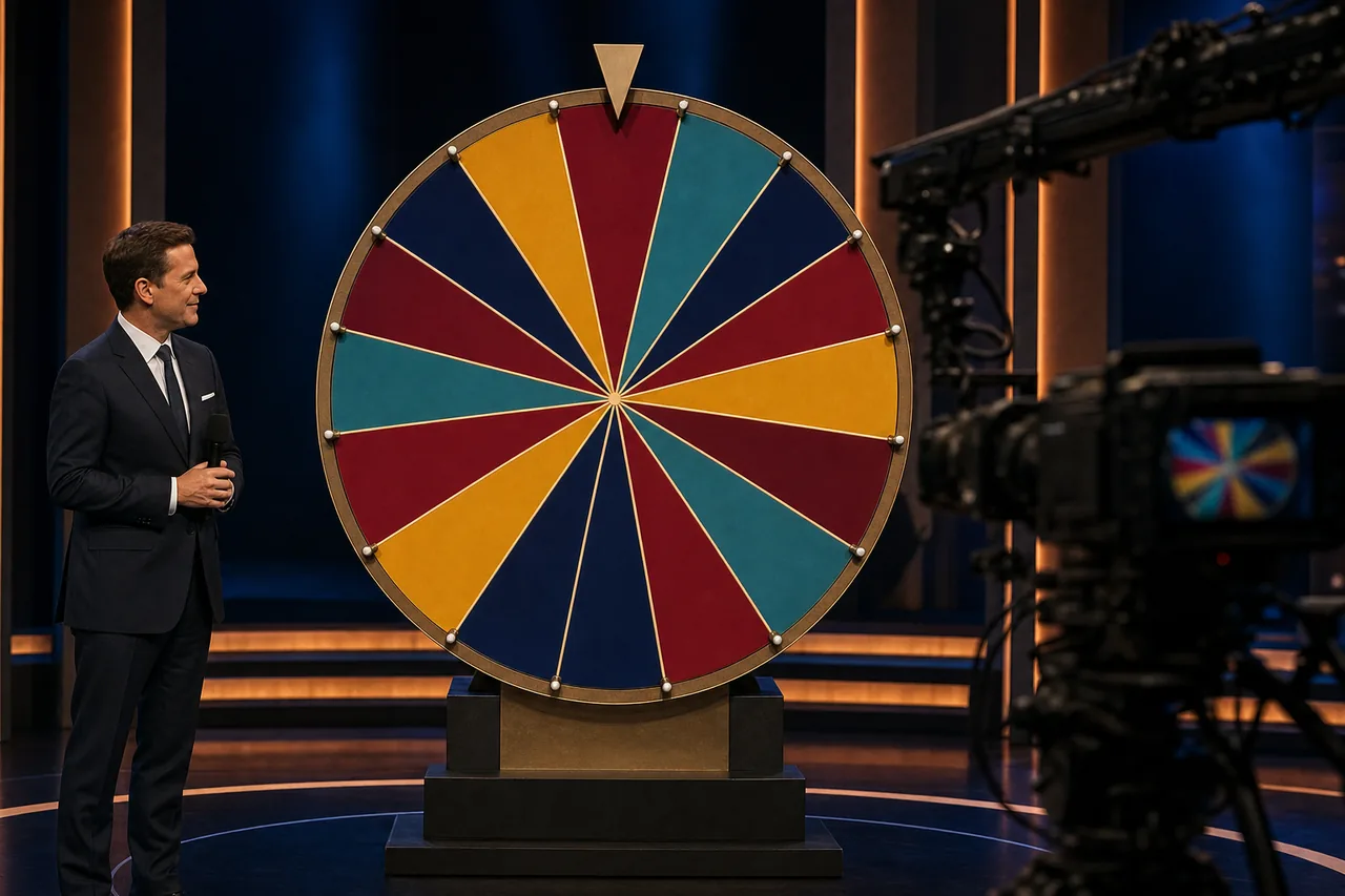 Illustration of a game show studio: a large vertical big wheel with plain coloured segments, a host standing beside it and a camera on a crane in the foreground