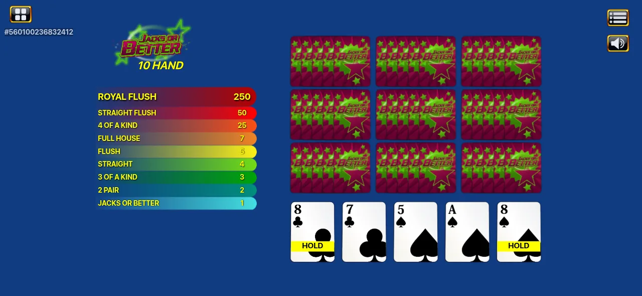 Habanero Jacks or Better in 10-hand mode: a pair of eights held in the bottom hand and nine more face-down hands above it, with the paytable on the left