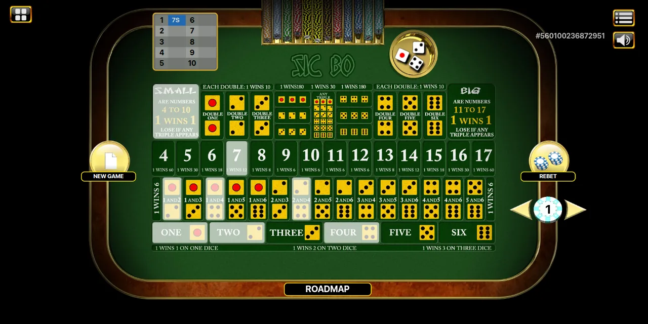 Habanero Sic Bo table after a roll of 1, 2 and 4: Small, total 7, the single numbers 1, 2 and 4 and the combinations 1-2, 1-4 and 2-4 are lit on the green layout