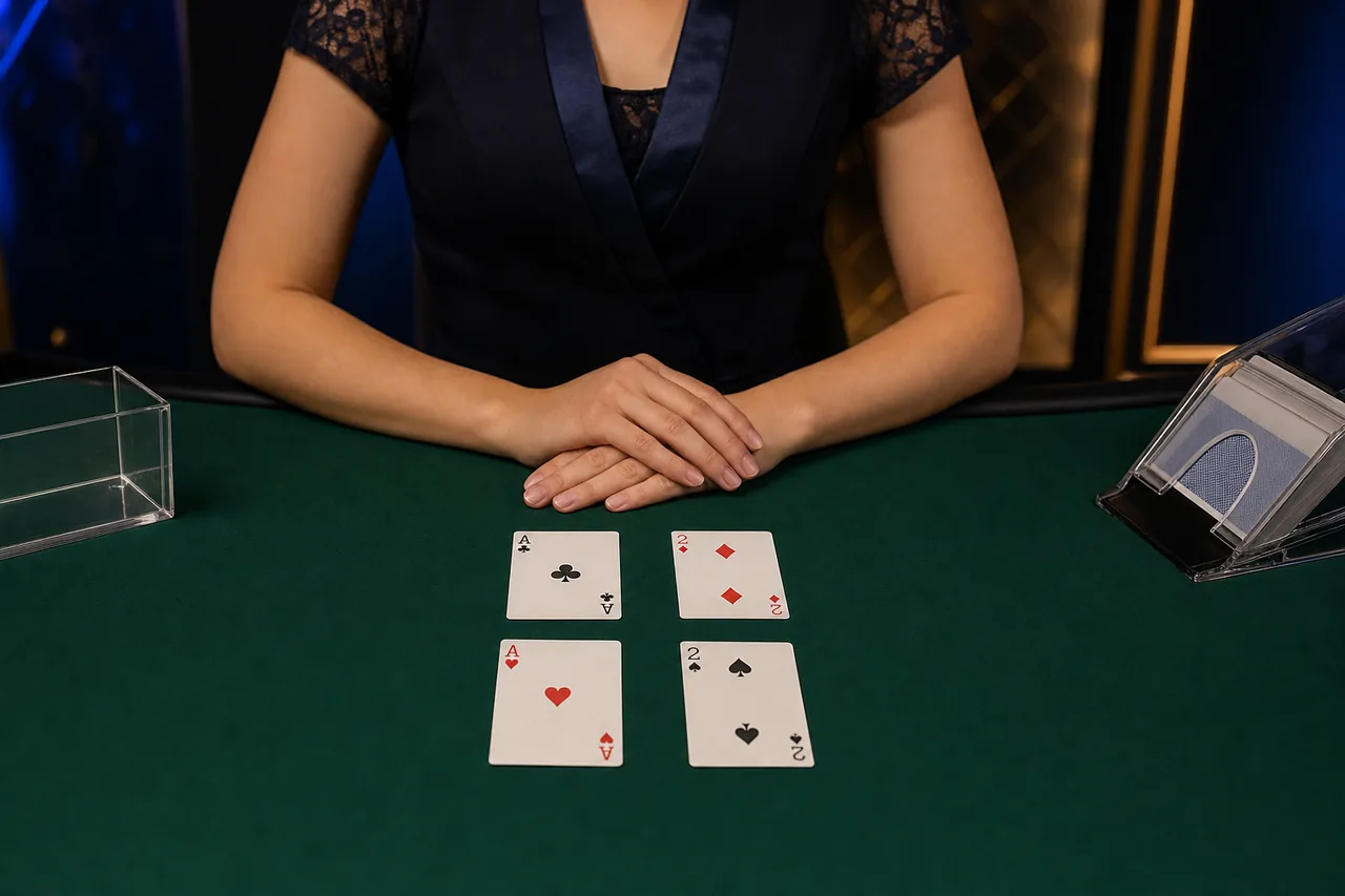 Illustration of a live baccarat table: a dealer behind a green felt table with two small rows of face-up cards, a card shoe on one side and a discard holder on the other