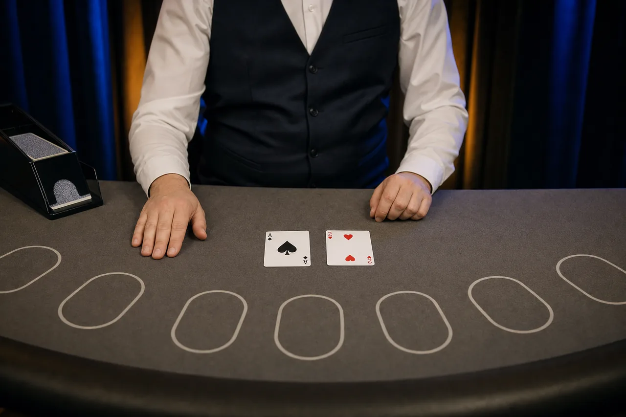 Illustration of a live blackjack table: a dealer behind a grey felt table with seven outlined player spots, a card shoe and two face-up cards