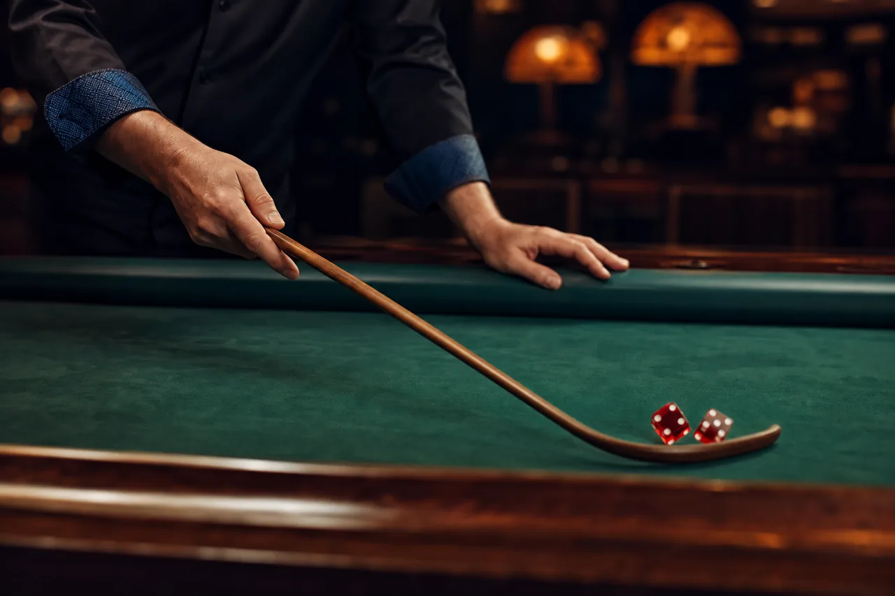 Illustration of a craps dealer's hands using a long curved stick to move two dice across the felt; only hands and forearms are visible