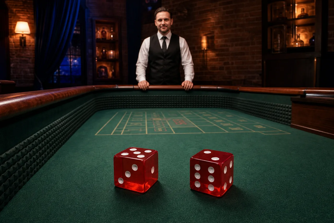 Illustration of a live craps studio: a long craps table with a green felt layout and padded rails under soft navy and amber light, a dealer standing at the far side