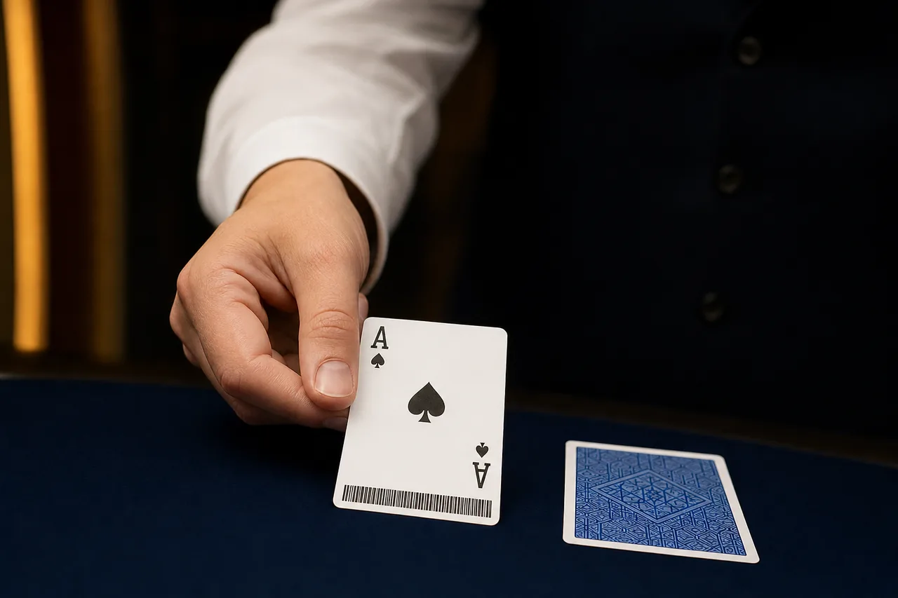 Illustration of a dealer's hand turning over the ace of spades on dark felt; a printed code strip runs along the bottom edge of the card
