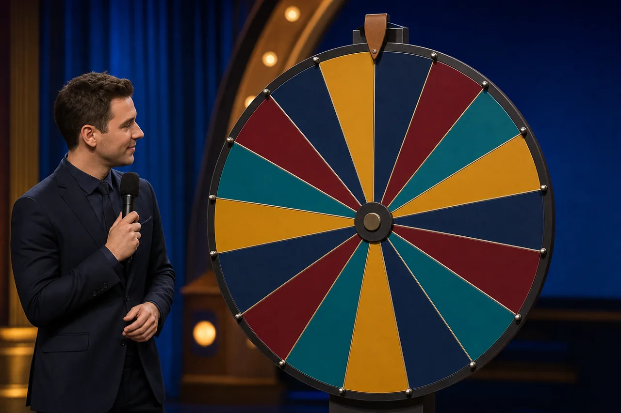 Illustration of a game show studio: a large vertical wheel in navy, burgundy, teal and gold with a pointer at the top, and a host with a microphone beside it