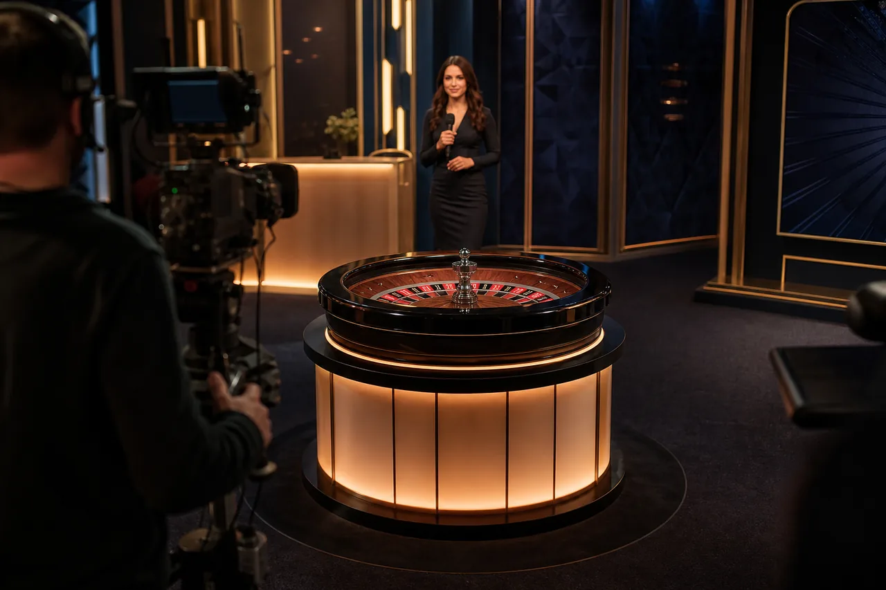 Illustration of a live roulette studio: a roulette wheel on a lit pedestal in the middle of the set, a host standing behind it and a camera operator in the foreground