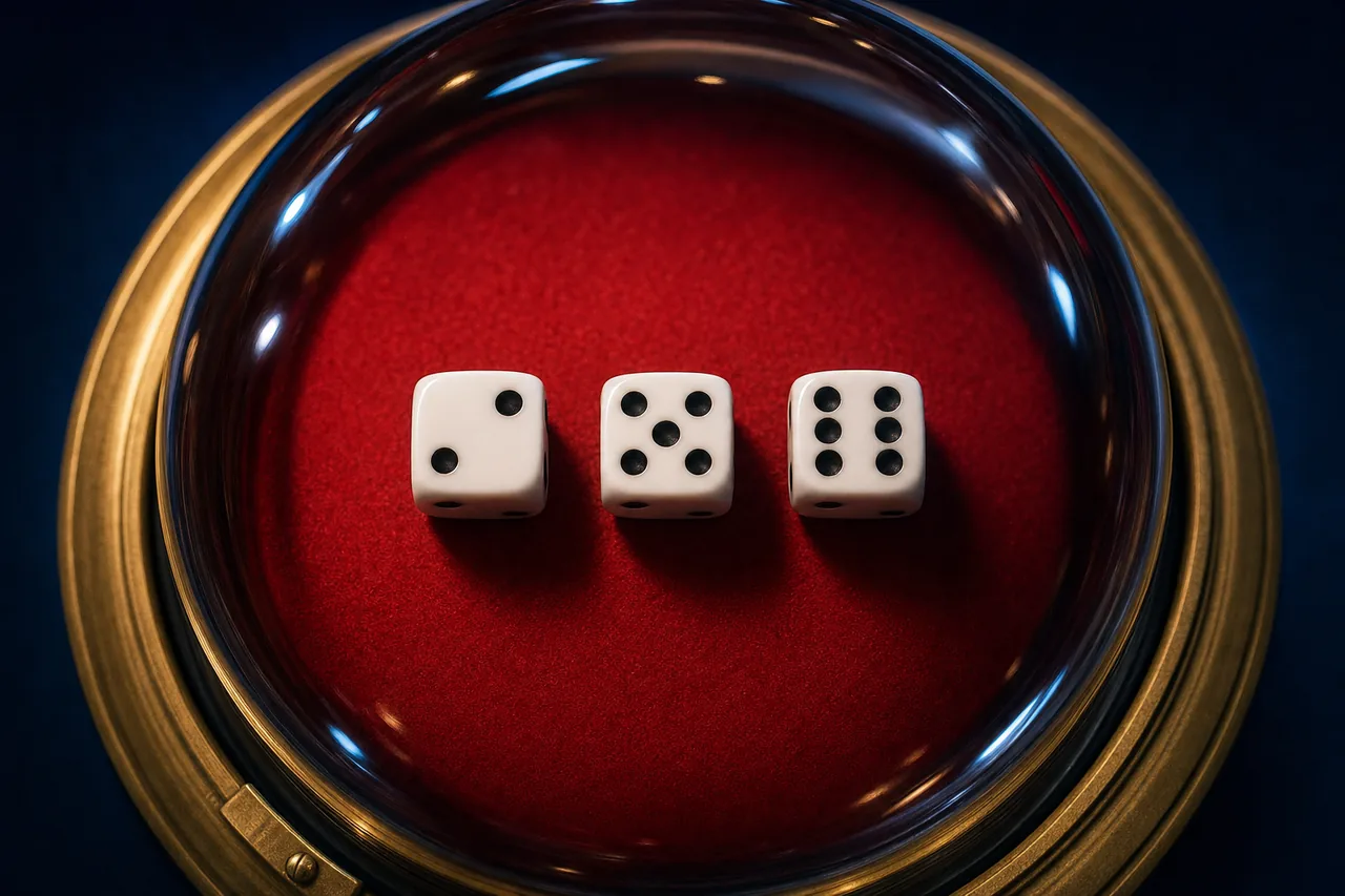 Illustration of a close-up of three white dice resting on red felt under a clear glass dome with a brass rim