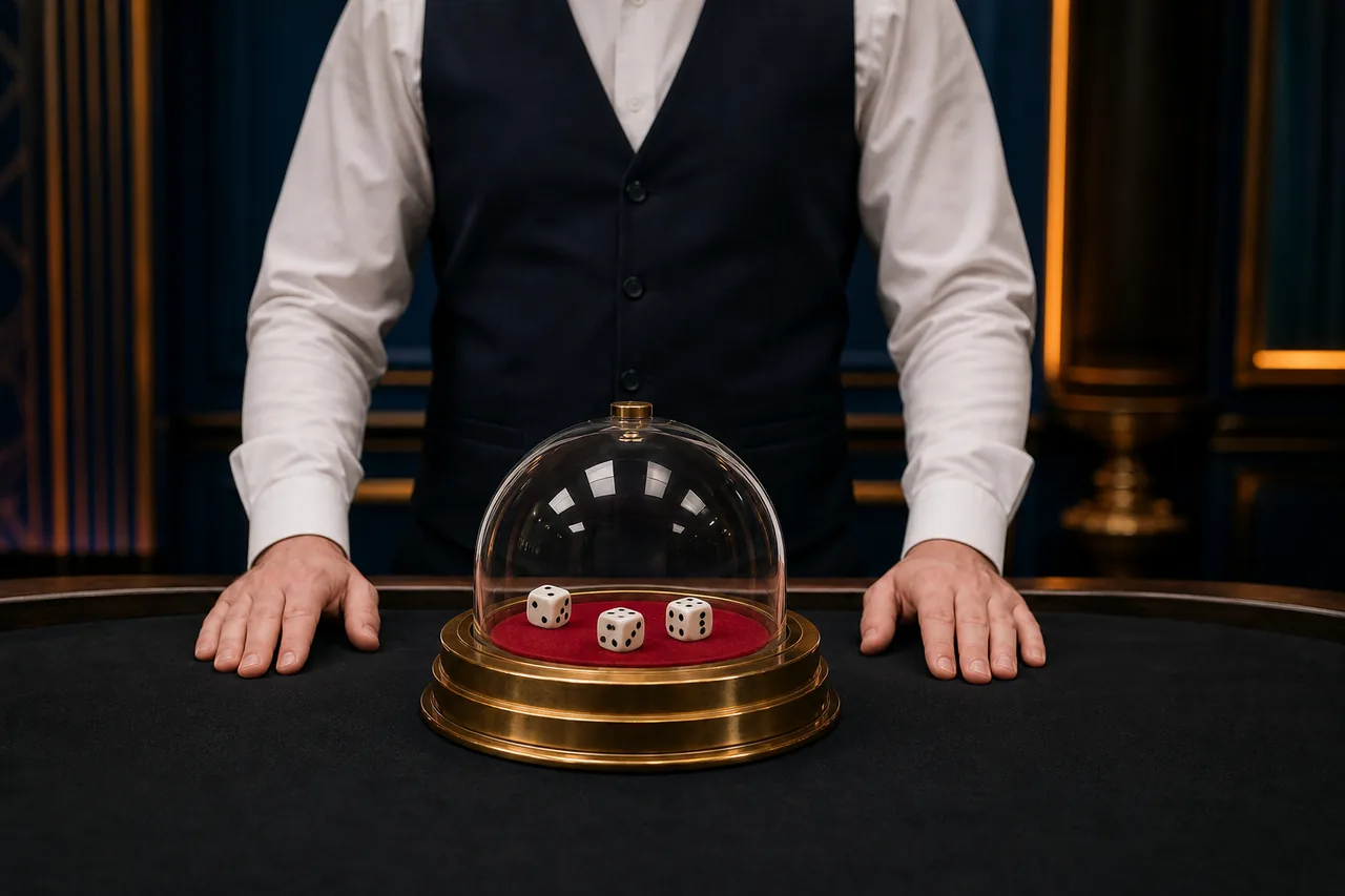 Illustration of a live sic bo table: a dealer behind a dark table with a glass-domed dice shaker in the centre and a red felt base holding three dice