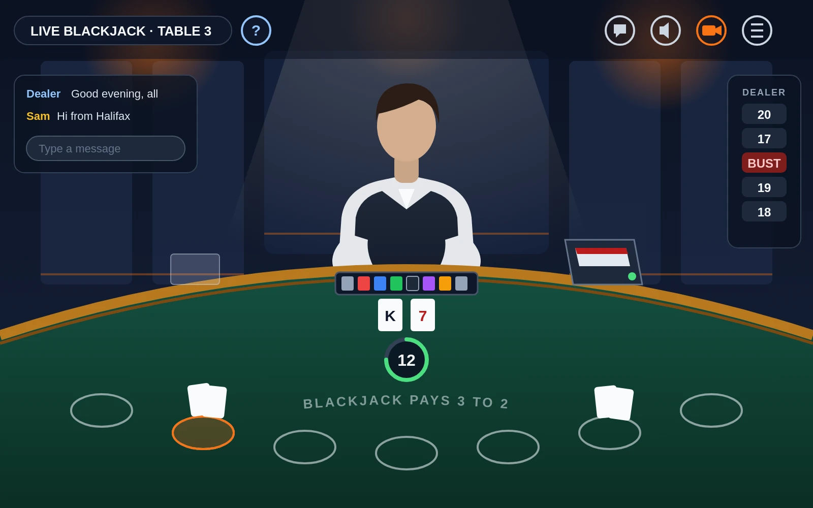 Illustration of a live blackjack table on a player's screen: a dealer behind a green felt table with a card shoe and chip tray, seven betting spots, a betting timer, a chat panel, a results history column and buttons for help and camera views