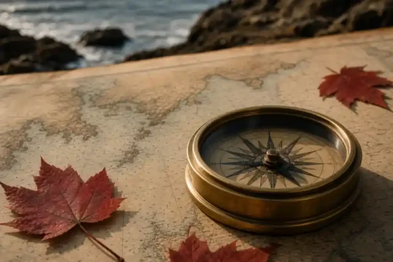 Brass compass on an old nautical chart of the Atlantic coast with red maple leaves