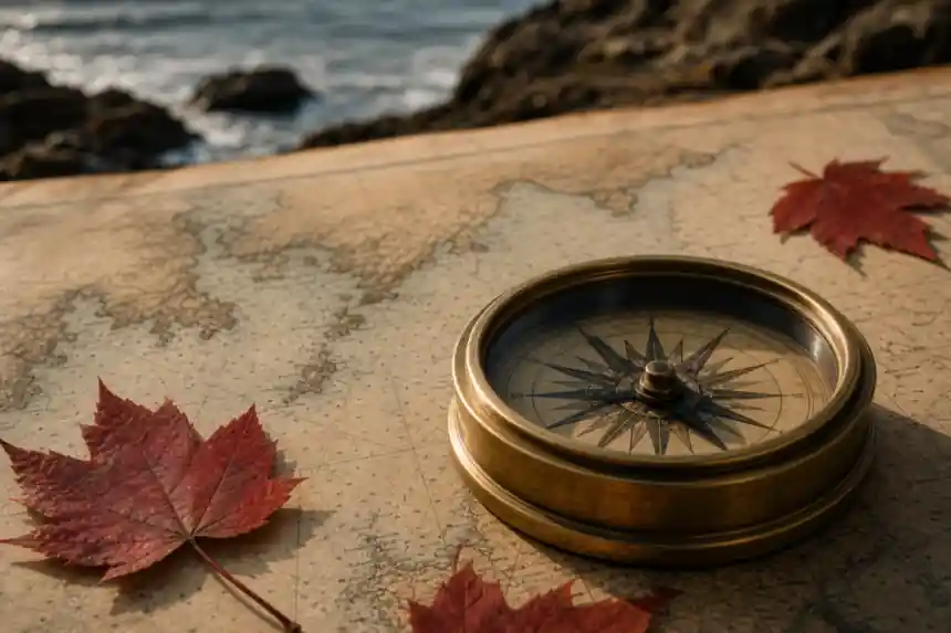 Brass compass on an old nautical chart of the Atlantic coast with red maple leaves