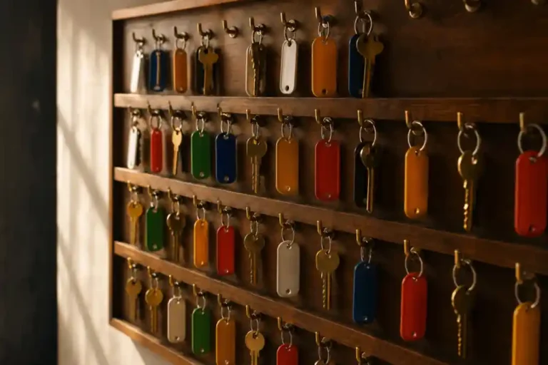 Wooden key board with rows of brass keys and coloured blank tags