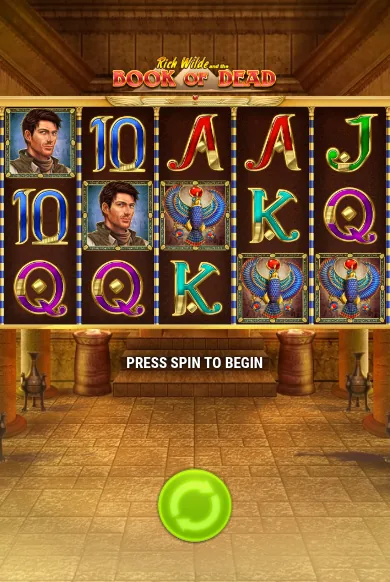 Play'n GO Book of Dead on a phone in portrait: the five reels sit near the top with a large round spin button below