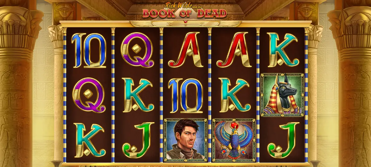 Play'n GO Book of Dead: five reels and three rows of card symbols and Egyptian-themed symbols in a temple setting