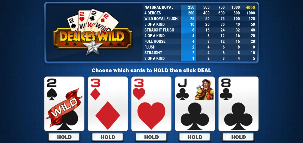 Play'n GO Deuces Wild MH: a paytable from natural royal down to three of a kind, and a dealt hand with the 2 of spades marked wild next to a pair of threes