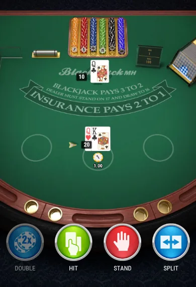 Play'n GO European Blackjack MH on a phone in portrait: a queen and king for the player against a dealer queen, with Double, Hit, Stand and Split buttons