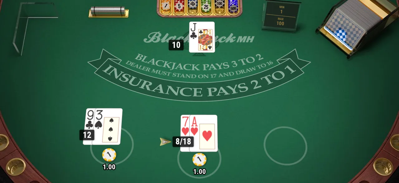 Play'n GO European Blackjack MH on a green table: the dealer has a single jack face up, and two player hands show 12 and soft 18