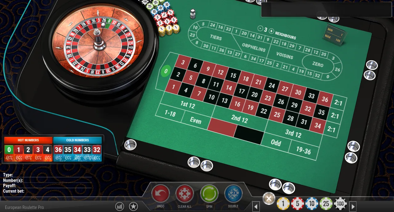 Play'n GO European Roulette Pro: a 3D wheel at top left, the betting layout with a racetrack for neighbour bets, and hot and cold number panels