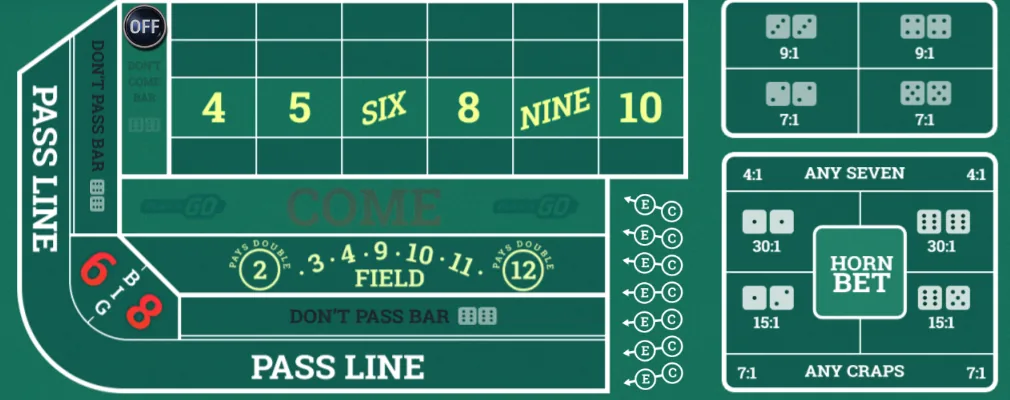 Play'n GO GO Craps layout before a come-out roll: the puck reads OFF above the place numbers, with the field, horn and any seven boxes