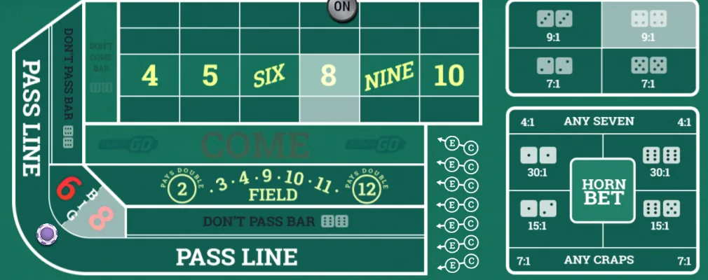 Play'n GO GO Craps after a point of 8 is set: the puck reads ON above the 8, and the 8, Big 8 and hard 8 boxes are highlighted
