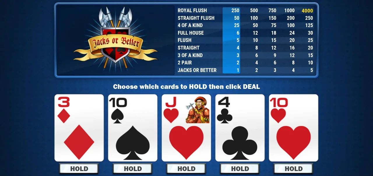 Play'n GO Jacks or Better MH: the paytable at the top with a full house at 6 and a flush at 5, and five dealt cards, 3 of diamonds, 10 of spades, jack of hearts, 4 of clubs and 10 of hearts, each with a hold button