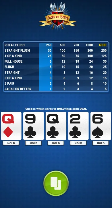Play'n GO Jacks or Better on a phone in portrait: the paytable across the top and five cards in a row, queen of diamonds, 9 of clubs, queen of clubs, 2 of clubs and 6 of spades