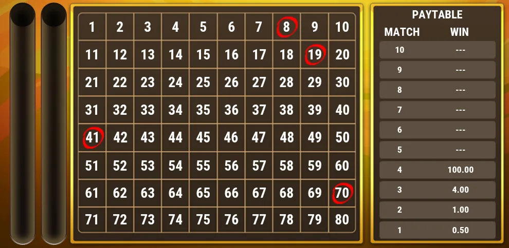 Play'n GO Keno with four numbers circled on the board and the paytable for 4 spots: 100 for 4 catches, 4 for 3, 1 for 2 and 0.50 for 1