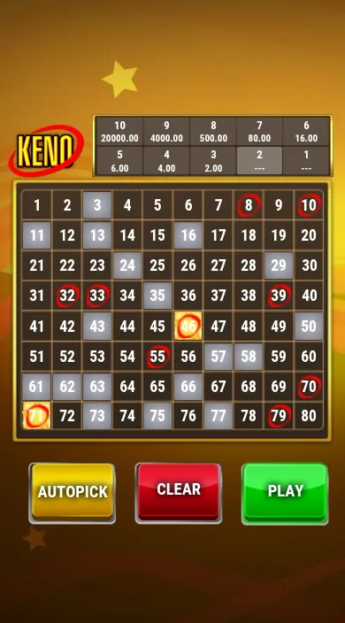 Play'n GO Keno on a phone in portrait: a compact paytable strip at the top, the 80-number board with ten spots circled and the drawn numbers shaded, and Autopick, Clear and Play buttons below