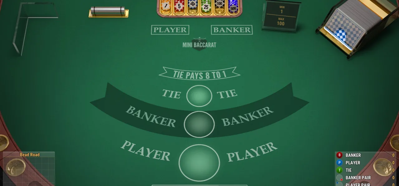Play'n GO Mini Baccarat on a green table: curved betting areas for Tie, Banker and Player, a bead road panel at bottom left and a results tally at bottom right