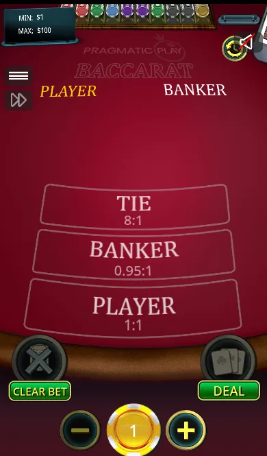 Pragmatic Play Baccarat on a phone in portrait: the Tie, Banker and Player boxes stacked in the middle, with clear and deal buttons underneath