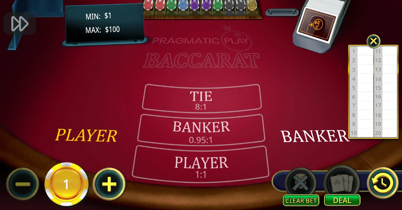 Pragmatic Play Baccarat on a red table: three betting boxes marked Tie 8:1, Banker 0.95:1 and Player 1:1, an empty results board on the right and a card shoe at the top