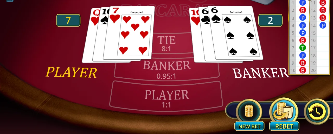 Pragmatic Play Baccarat after a round: the Player hand queen, ten and seven totals 7, the Banker hand ten, six and six totals 2, and a results board on the right lists 14 earlier hands