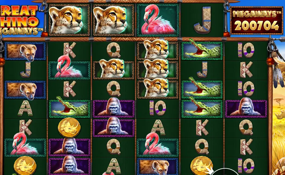 Pragmatic Play Great Rhino Megaways: six reels of different heights with safari animal and card symbols, an extra horizontal reel on top and a Megaways counter showing 200704