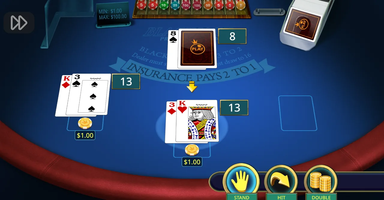 Pragmatic Play Multihand Blackjack on a blue table: the dealer shows an 8 with a face-down card, two player hands of 13 each, and Stand, Hit and Double buttons