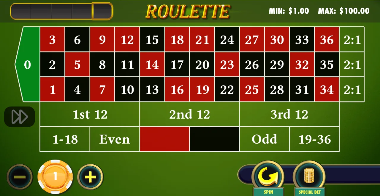 Pragmatic Play Roulette betting layout on a green table: a single 0, numbers 1 to 36 in three rows, column boxes paying 2:1, dozens and even-money boxes below