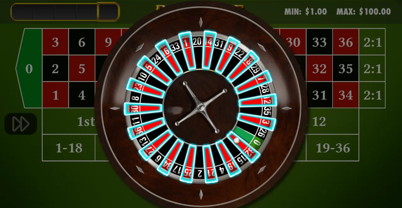 Pragmatic Play Roulette wheel view during a spin, with the 18 red pockets highlighted for a bet on red
