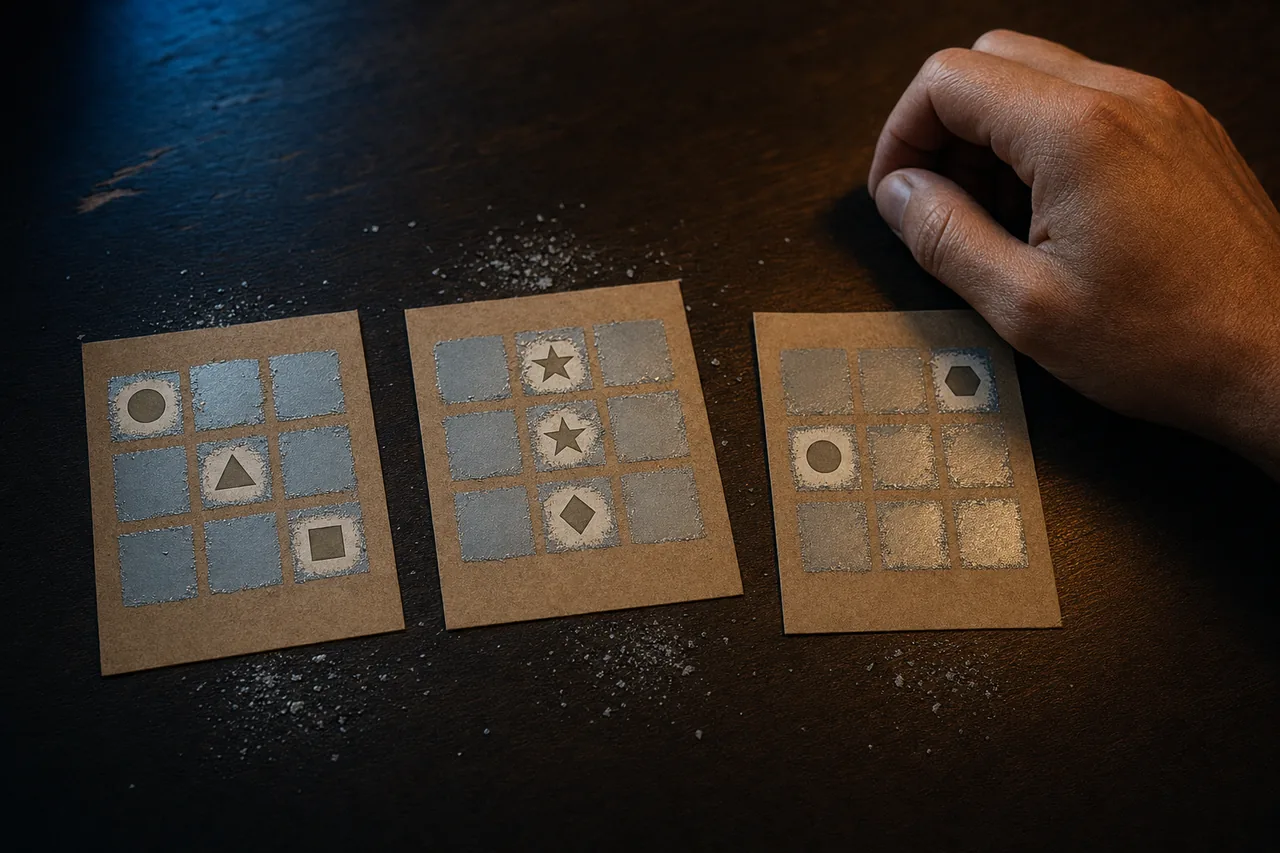 Illustration of three plain paper instant tickets on a dark wooden counter, their silver coating partly scratched away to show simple shapes, with an adult's hand resting beside them